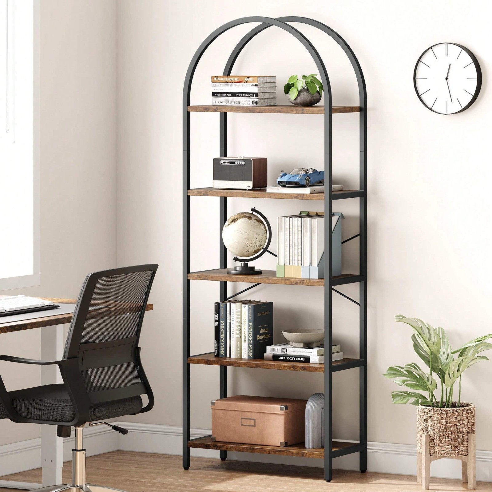 Arched Bookcase 5 Tier Open Shelves Metal Frame Tall Storage Display Rack