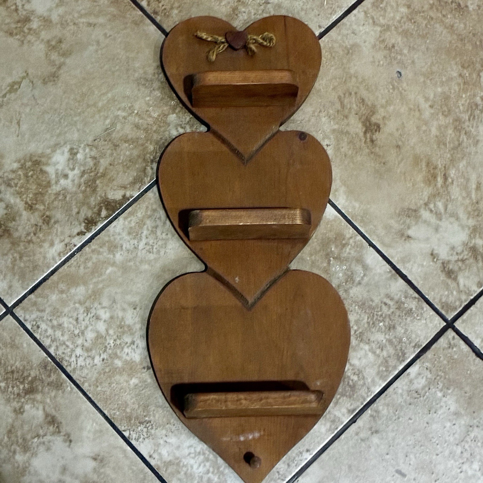 Wooden 3 Heart Shelf and Peg Wall Hanging Country Cottage Core Decor Vintage
