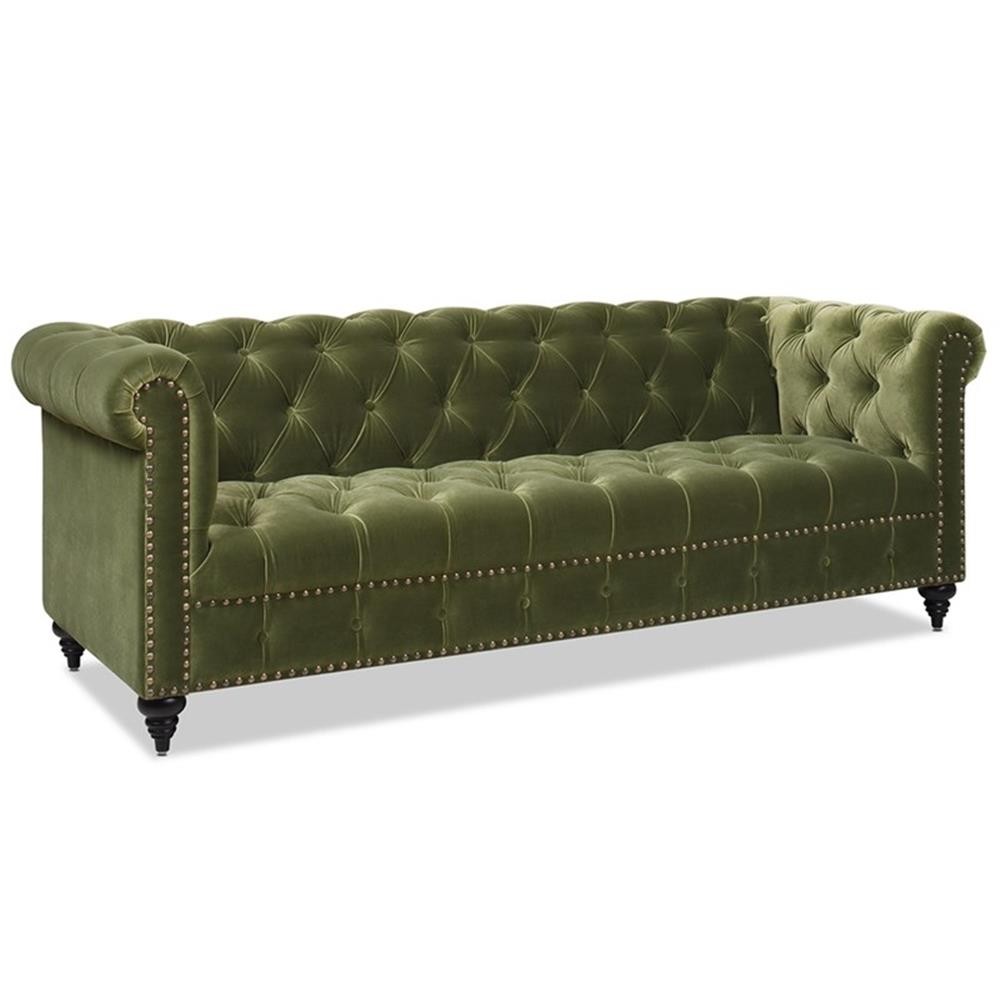 Pemberly Row 88″ Tufted Chesterfield Sofa in Olive Green Velvet