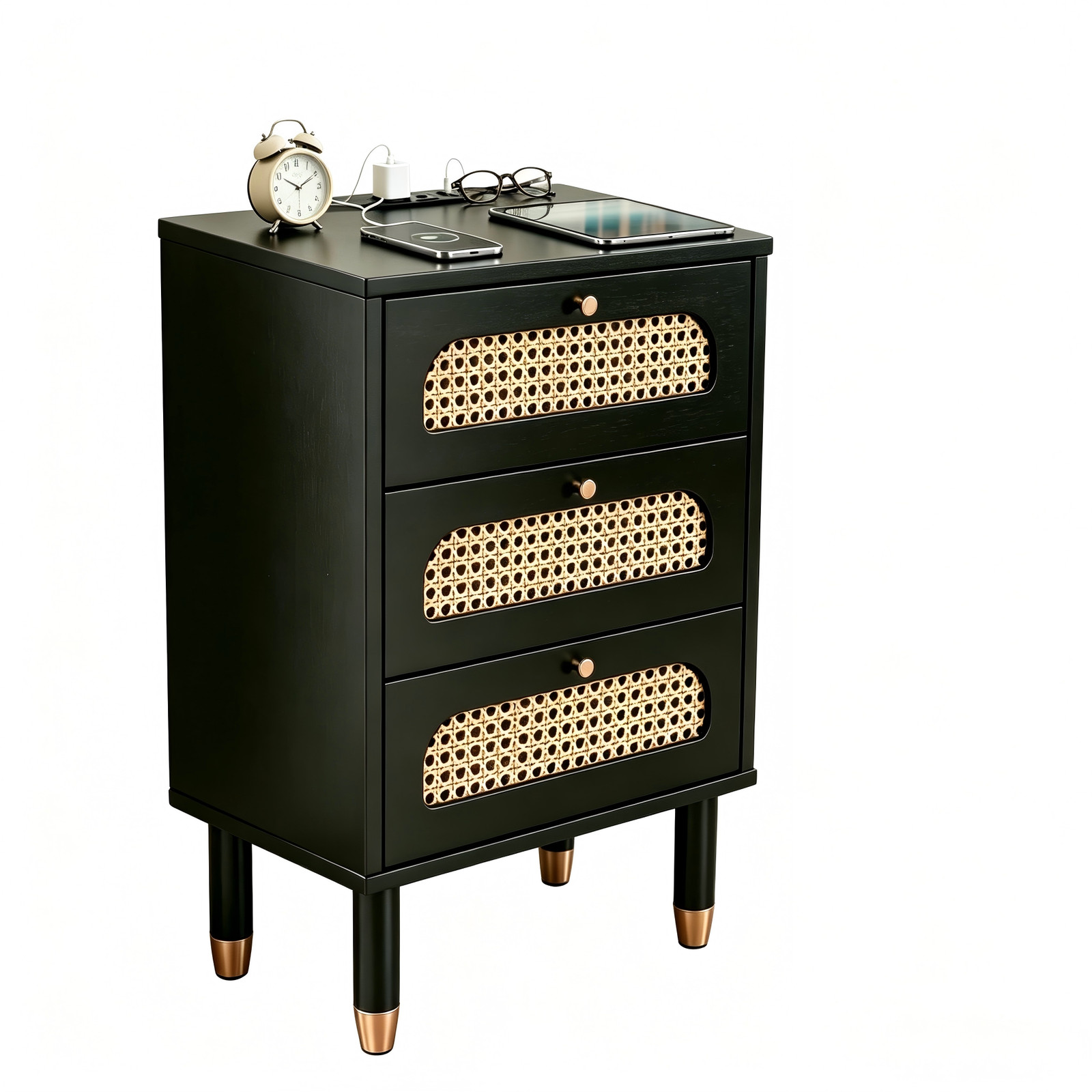 3-Drawer Nightstand with Woven Rattan Fronts and Built-in Power Outlet
