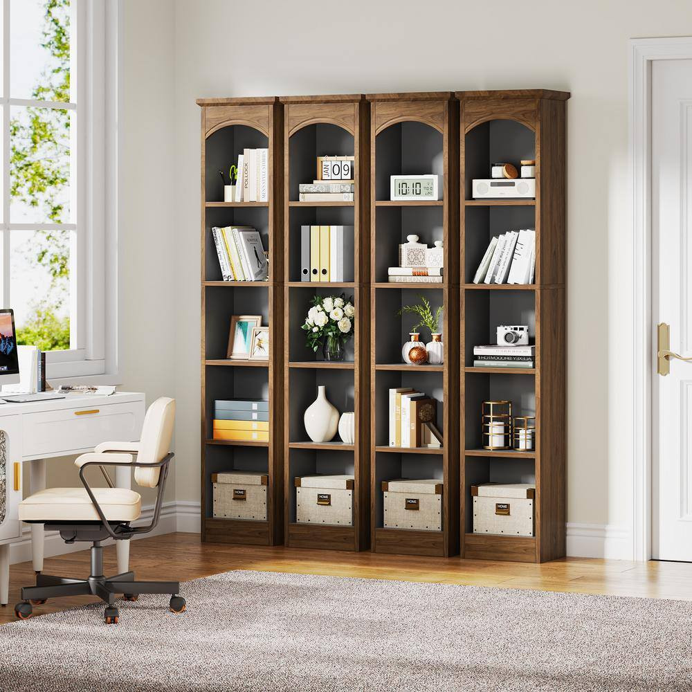 70.9 In. Tall Cherry Brown Wood 5-Shelf Narrow Cube Bookcase Set of 2, Slim Corn