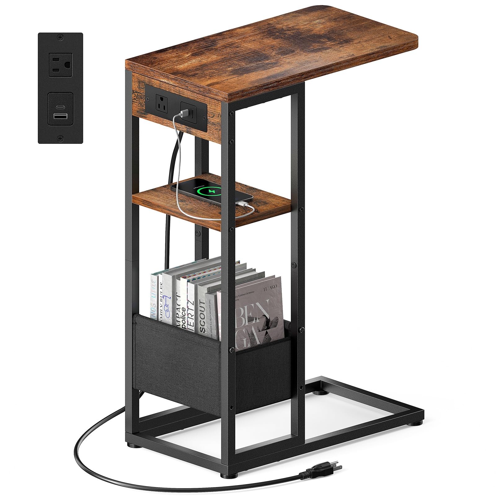 C Shaped End Table with Charging Station, Small Side Table for Couch Recliner, S