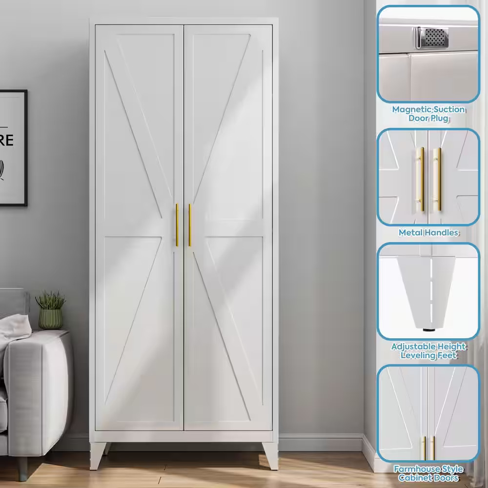 32 In. W X 75 In. H X 16 In. D White Metal Freestanding Storage Cabinet, Kitchen