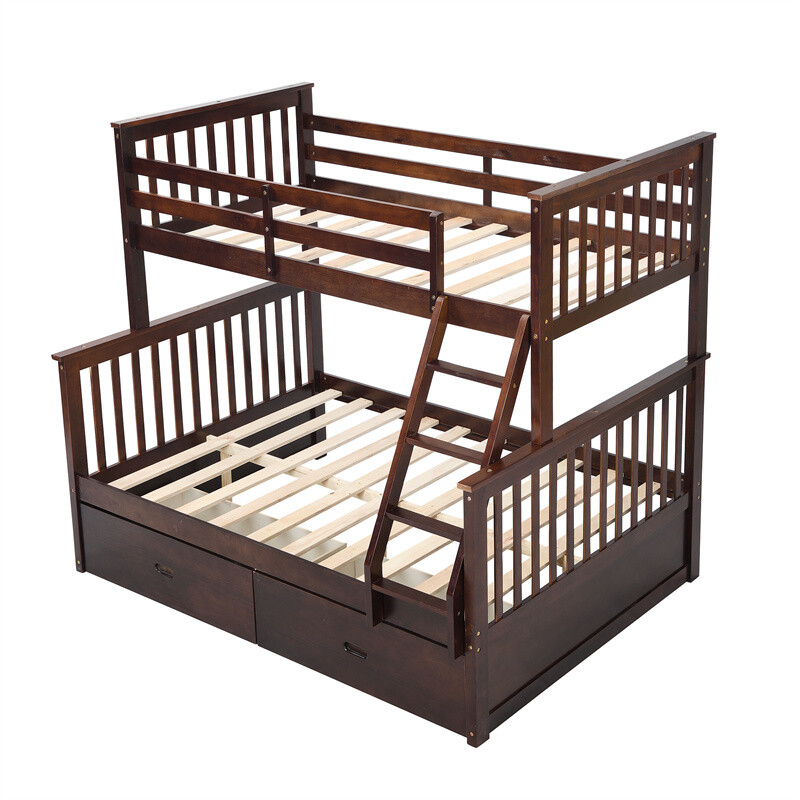 Twin Over Full Bunk Bed with 2 Storage Drawers Convertible Platform Bed Espresso