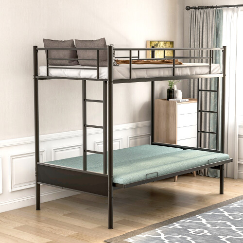 Twin Over Full Metal Bunk Beds Futon Frame Metal Sofa Bed For Kids Adults Black