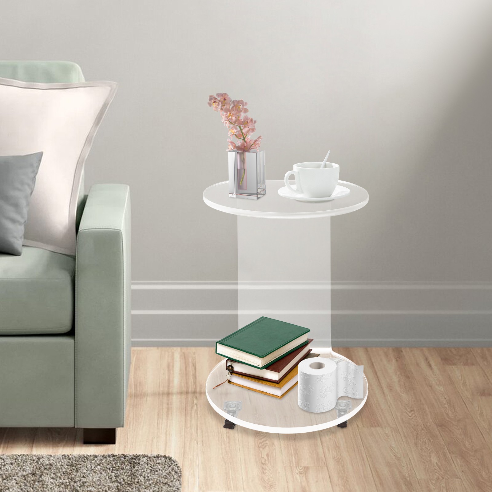 Acrylic Nightstand Side Table 2-Tier Clear Modern with 4 Wheels 66 lbs Capacity.