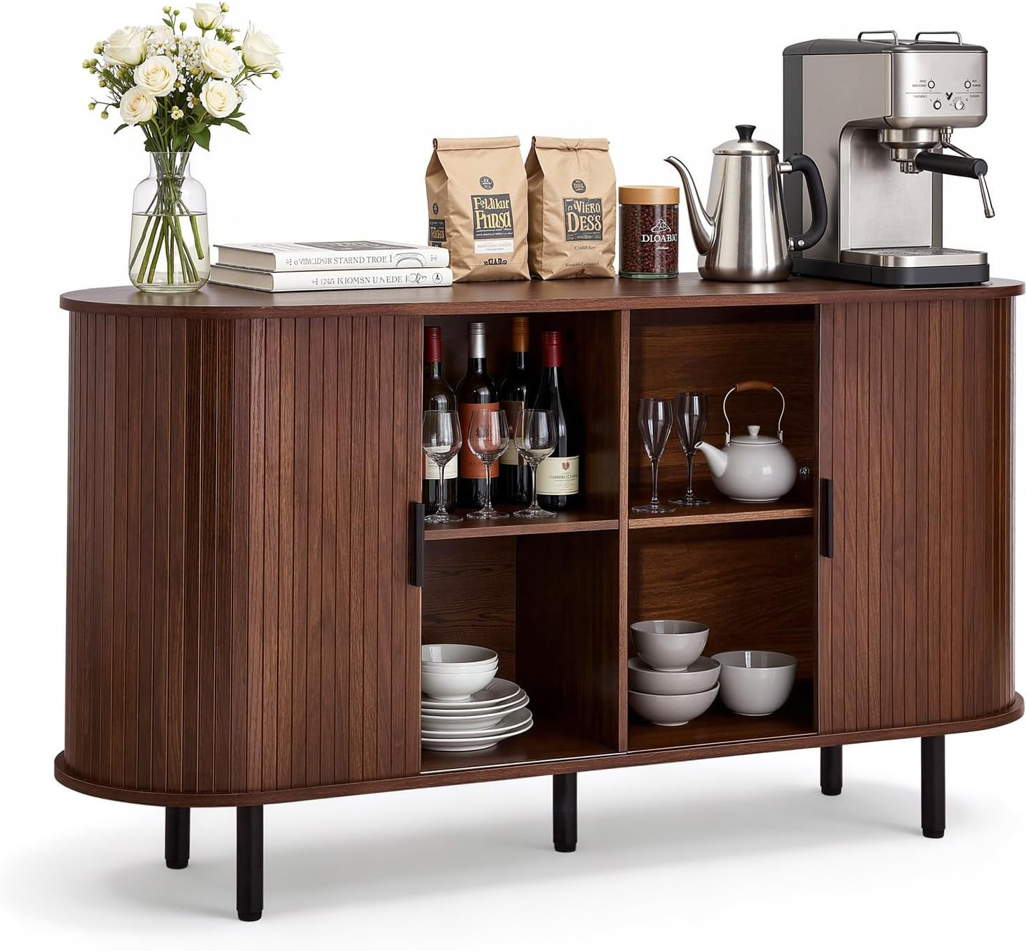 Mid Century Coffee Bar Cabinet with Storage & Sliding Doors, Walnut