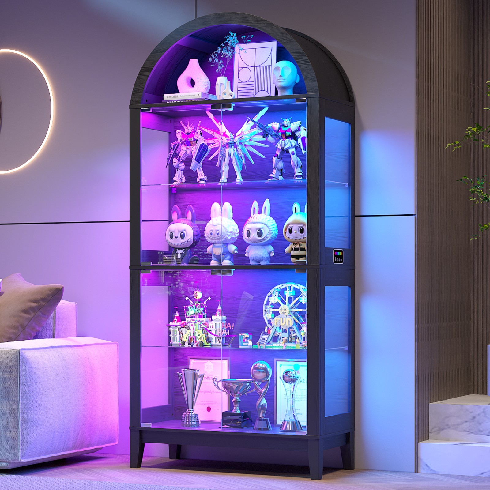 Glass Display Cabinet 69″ Tall Arched RGB LED Lights 5-Tier Curio Bookcase Door