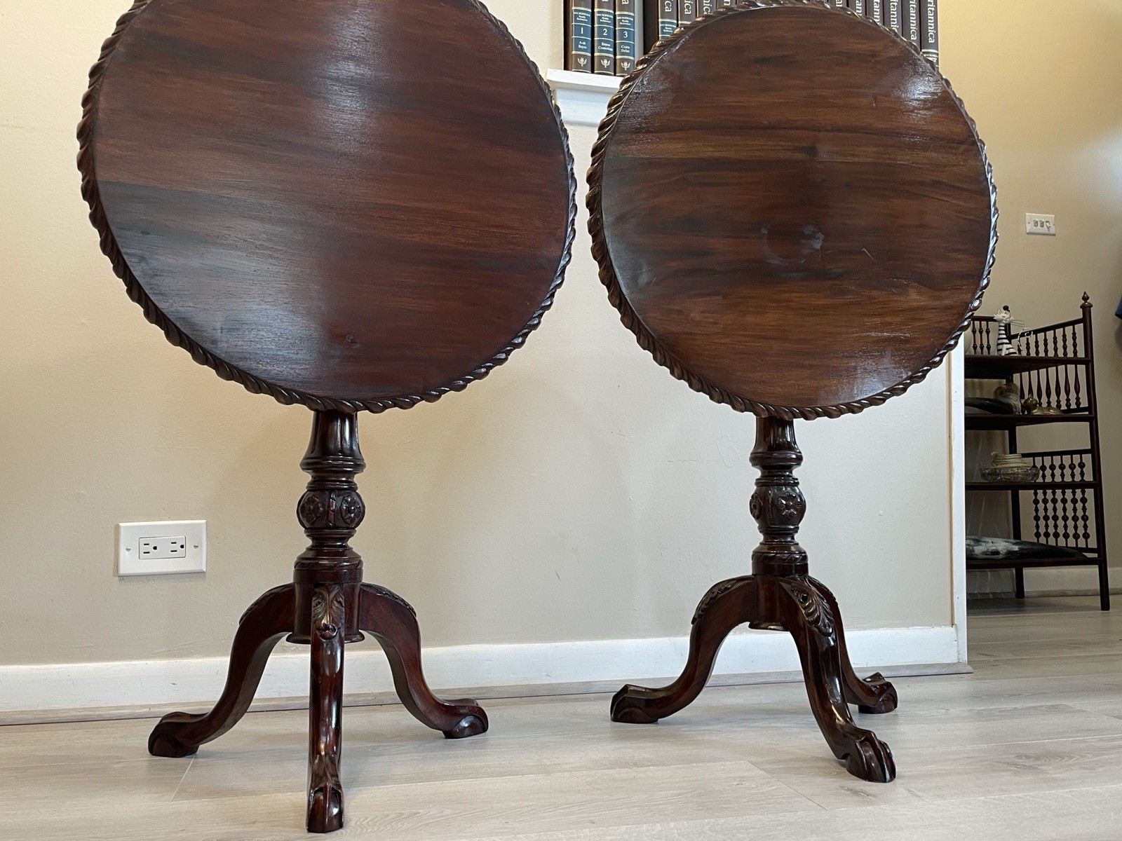 Matching Pair Vintage Chippendale Mahogany Pie Crust Tilt Top Birdcage Tea Table