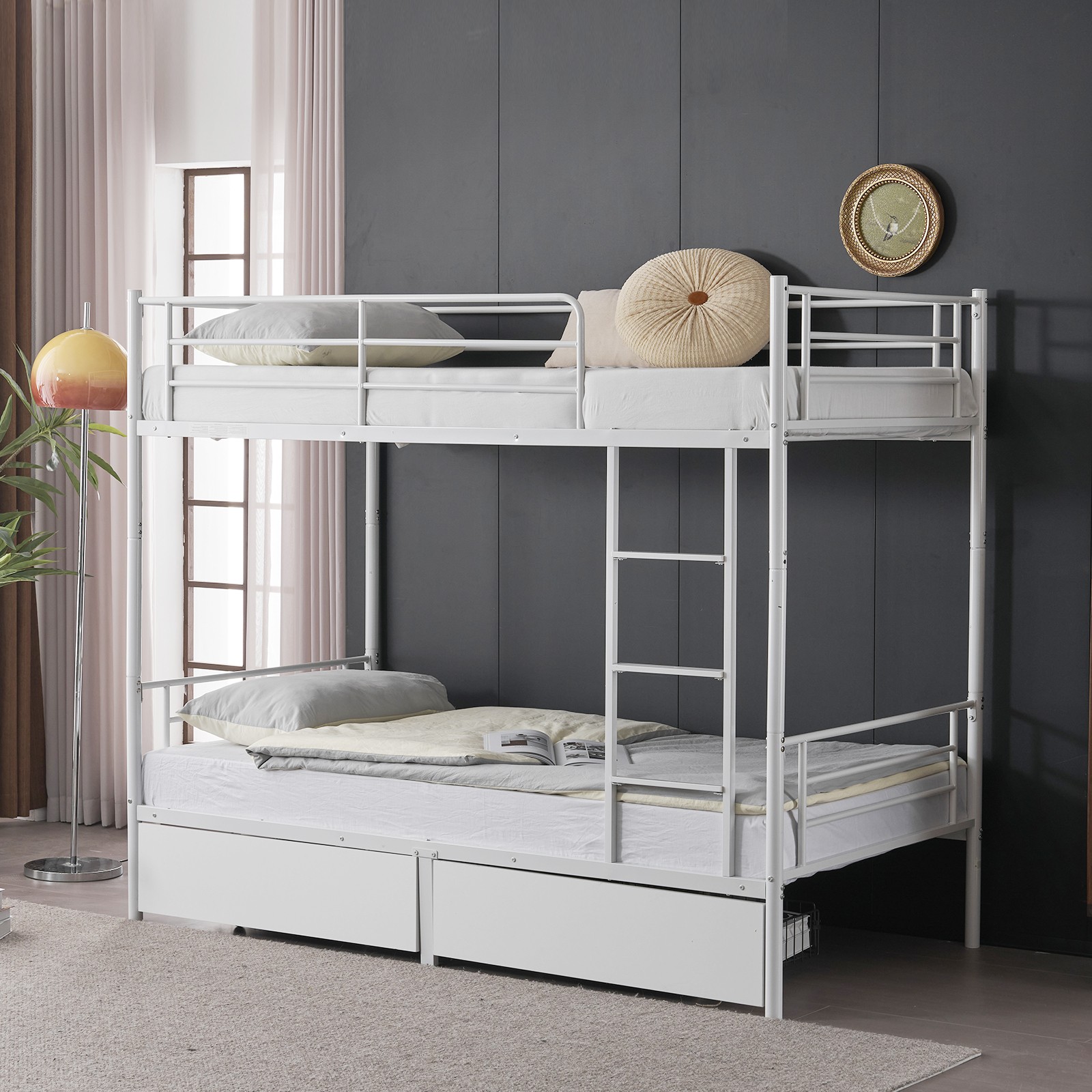 Twin Over Twin Convertible Bunk Bed with 2 Storage Drawers, Metal Bunk Bed White