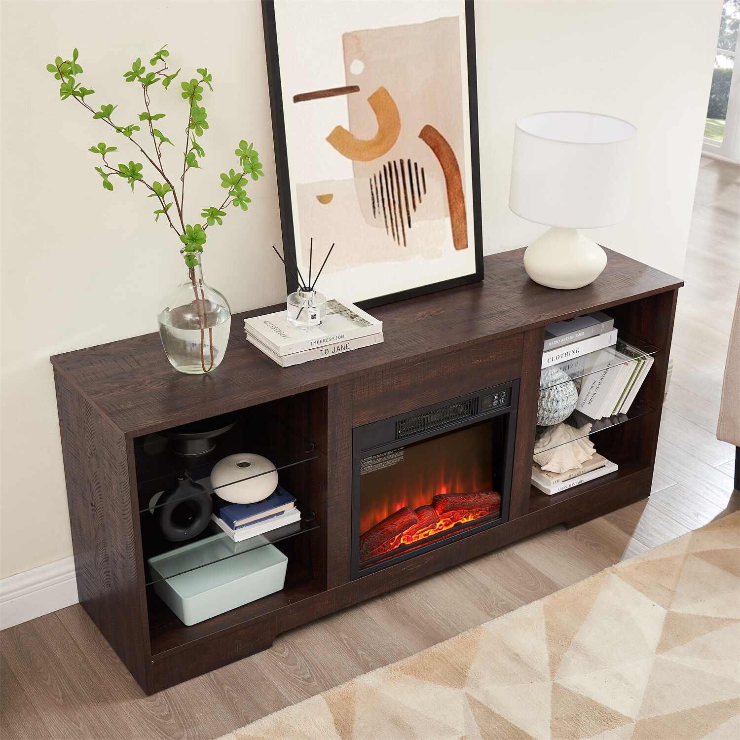 LED TV Stand Cabinets TV Media Console with 18” Fireplace for TV Up to 62in