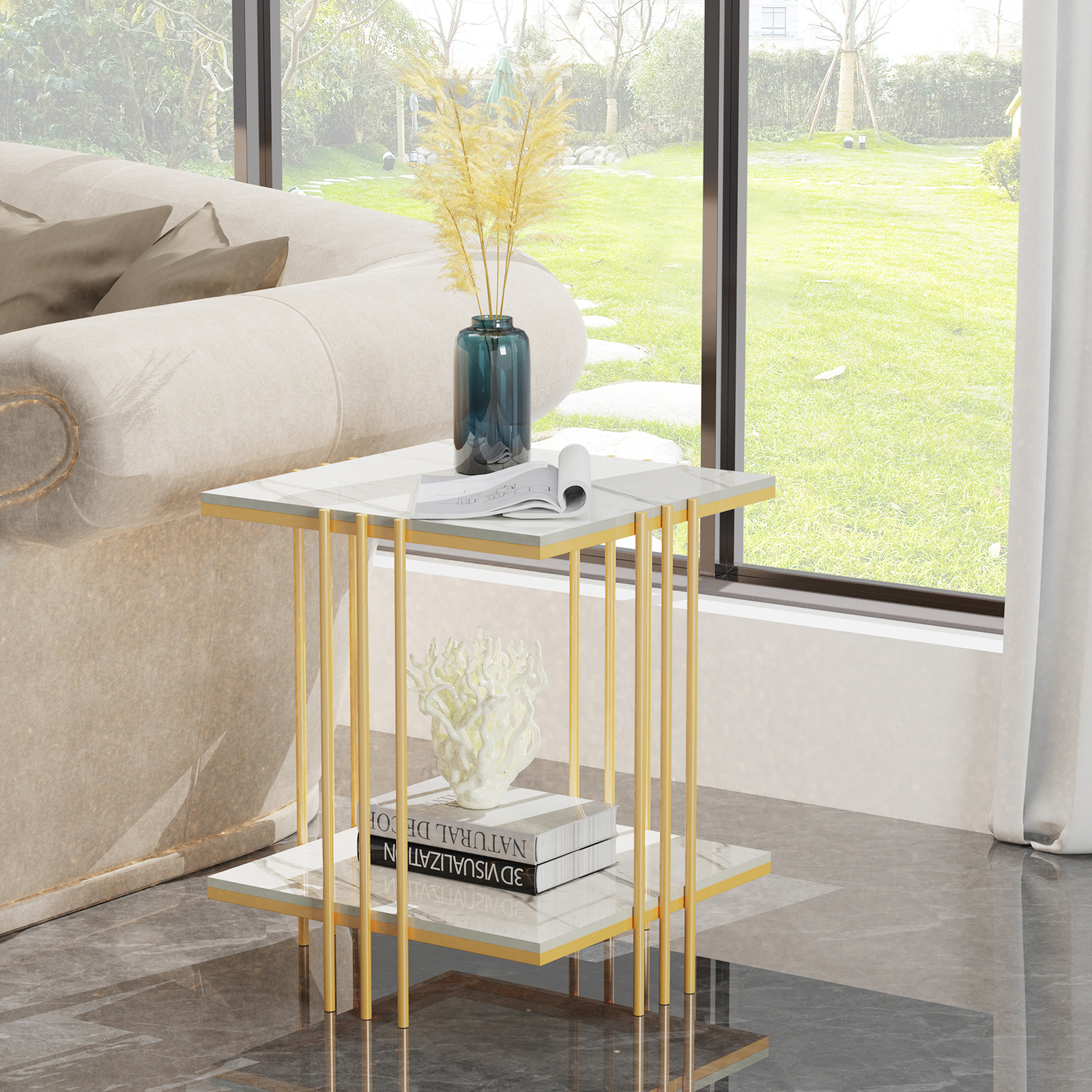 Two Storage Rack Square Side Coffee Table Metal Frame Sintered Stone Living Room