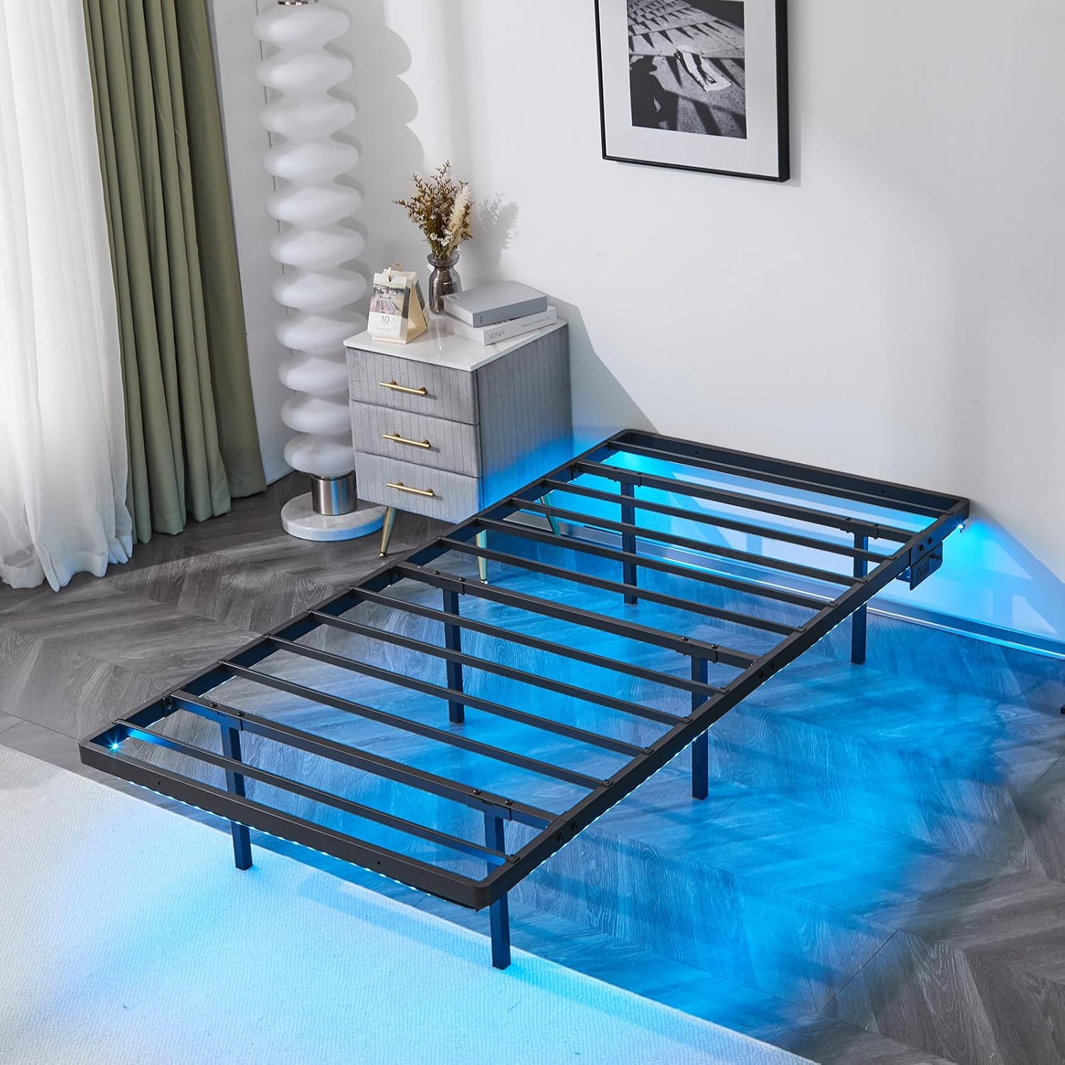 Twin Size Heavy Duty Metal Bed with USB Charging Station/LED Lights Floating