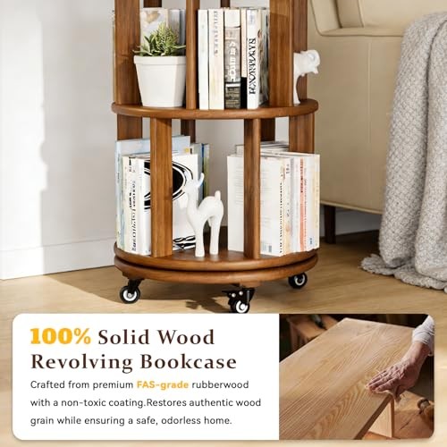 Rotating Bookshelf Towers Solid Wood Revolving Bookcase 6 6Tier-78in Walnut