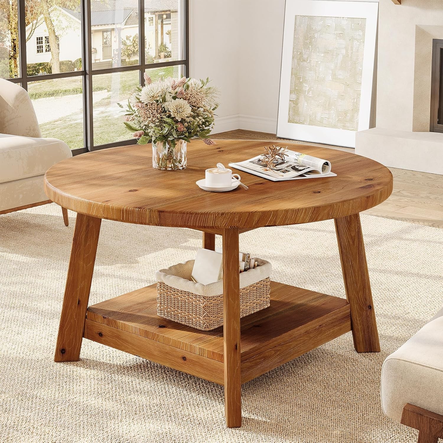 31.5 Inch Solid Wood Round Coffee Table, 2-Tier Farmhouse Circle Center Table
