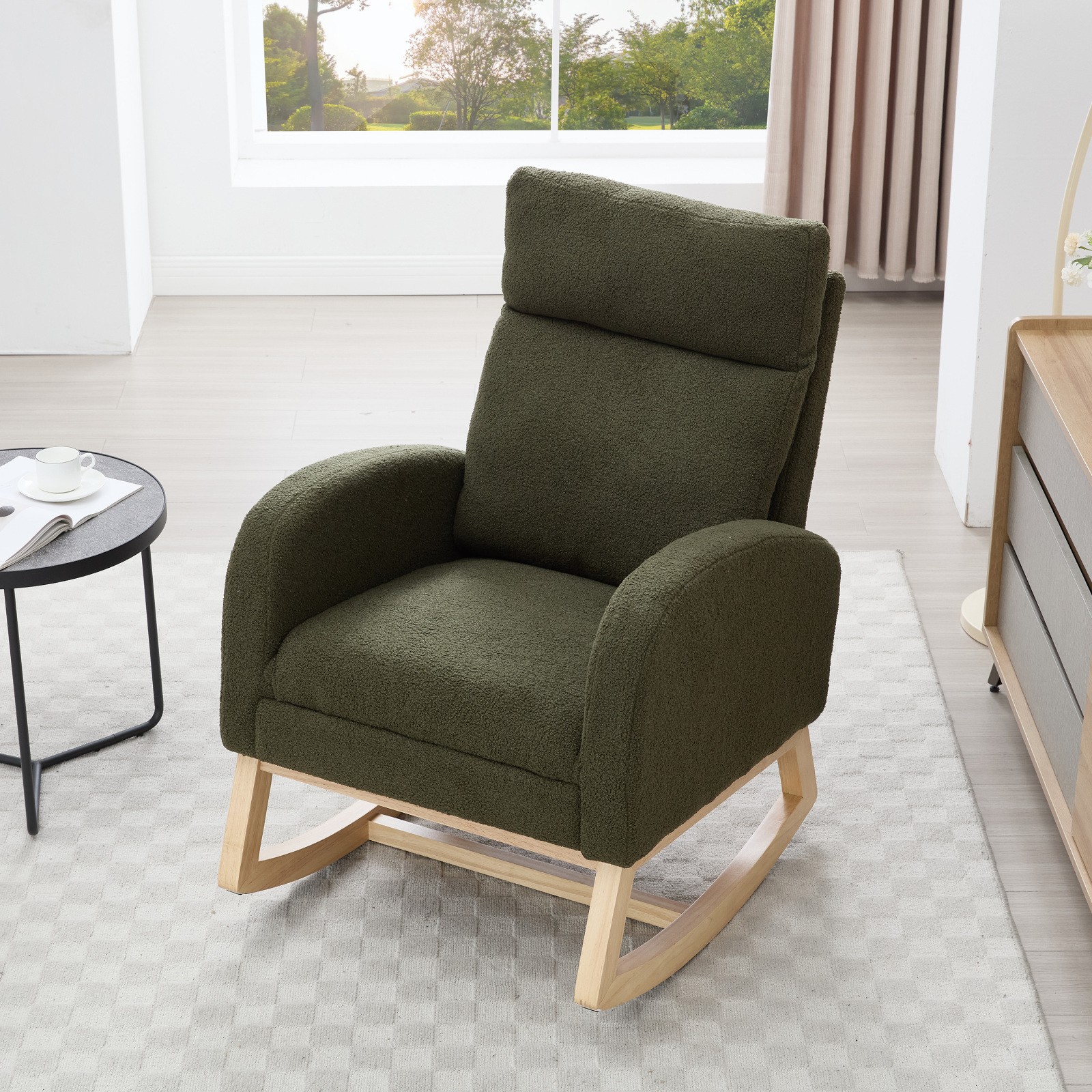 Teddy Fabric Rocking Chair With Adjustable Footstool & Storage Pocket, Green