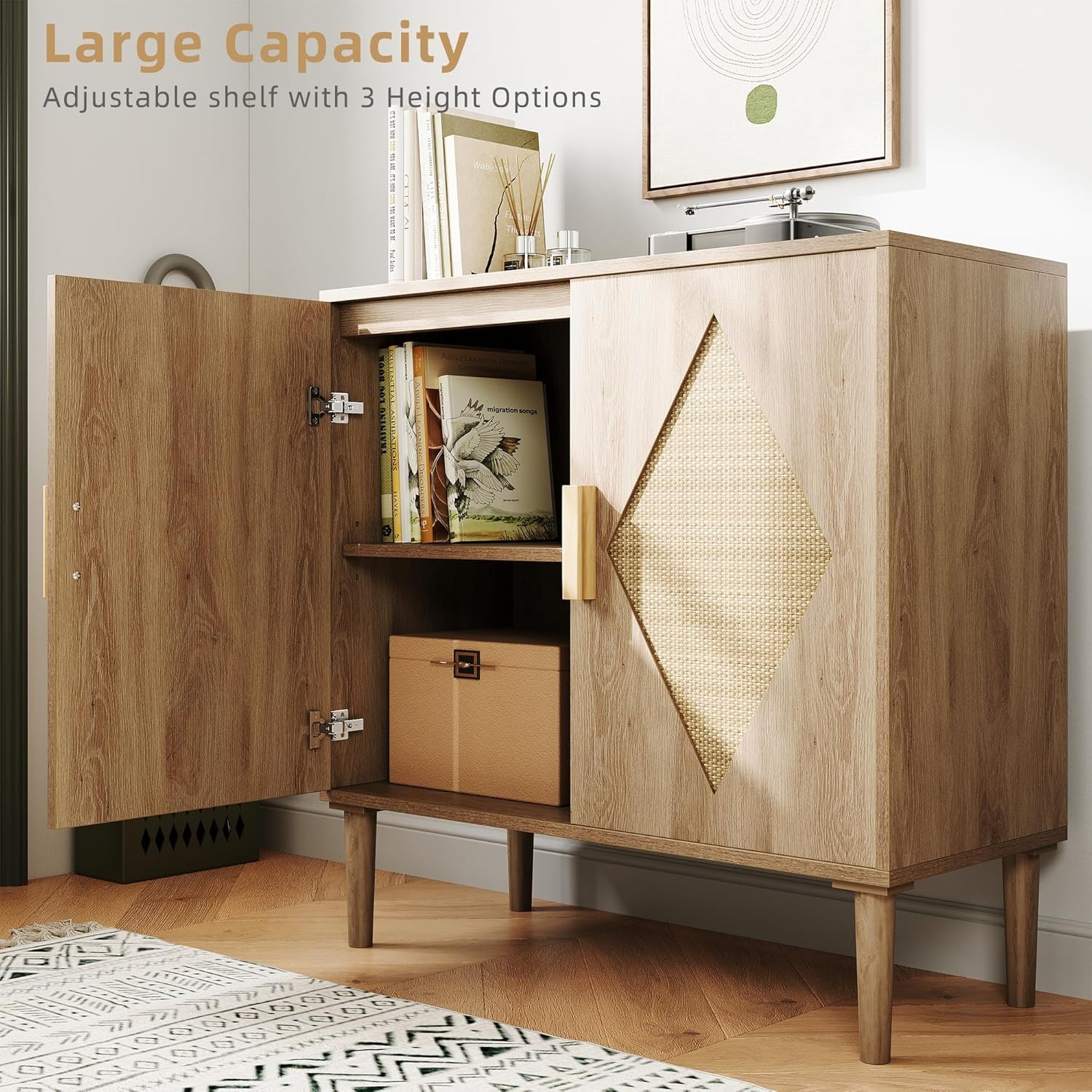 Rattan Sideboard Buffet Cabinet with Doors and Storage for Living room Entryway