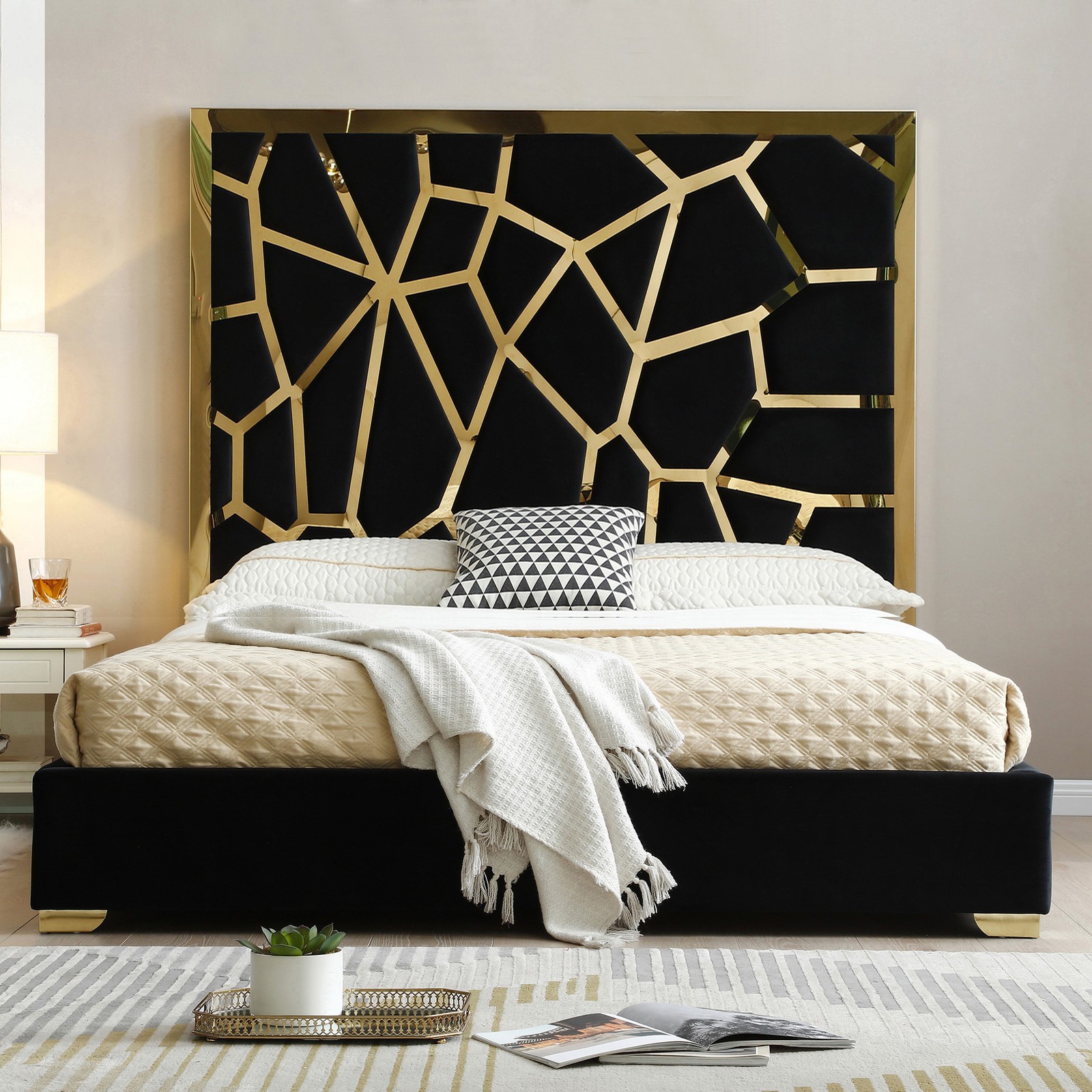 Serenity King Velvet Bed with Gold Metal Frame in Black Color