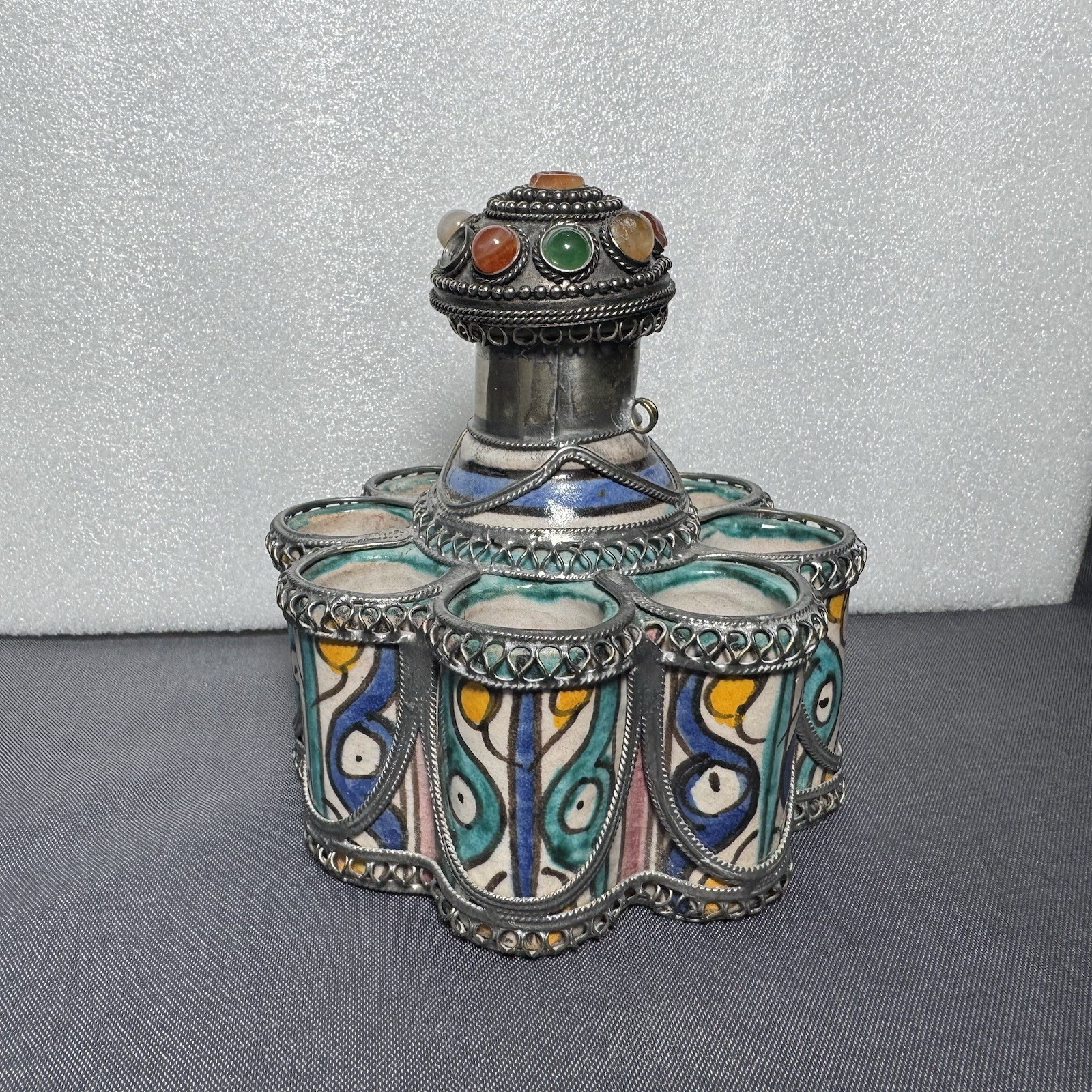 Vintage Moroccan Inkwell Ceramic Handcrafted Artisan Silver Metal Folk Art
