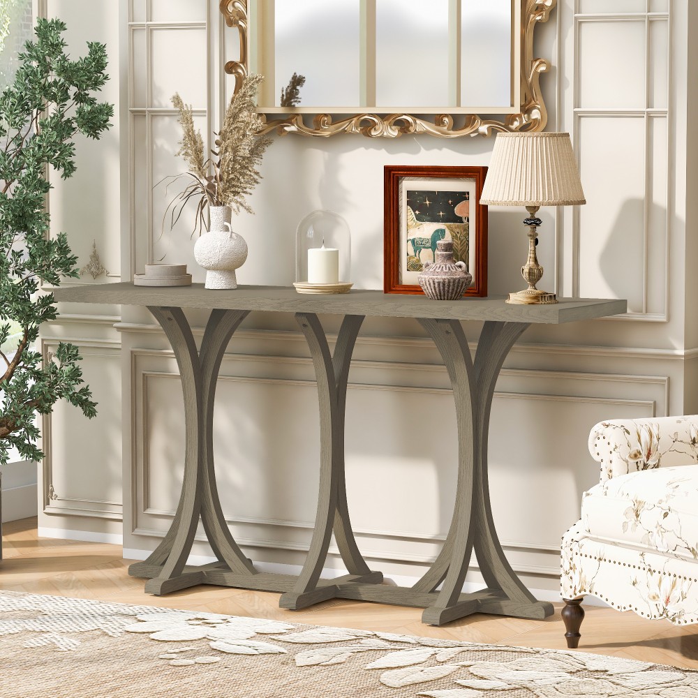 59.8” Wood Console Table with Oak Veneer, Farmhouse Curved Legs