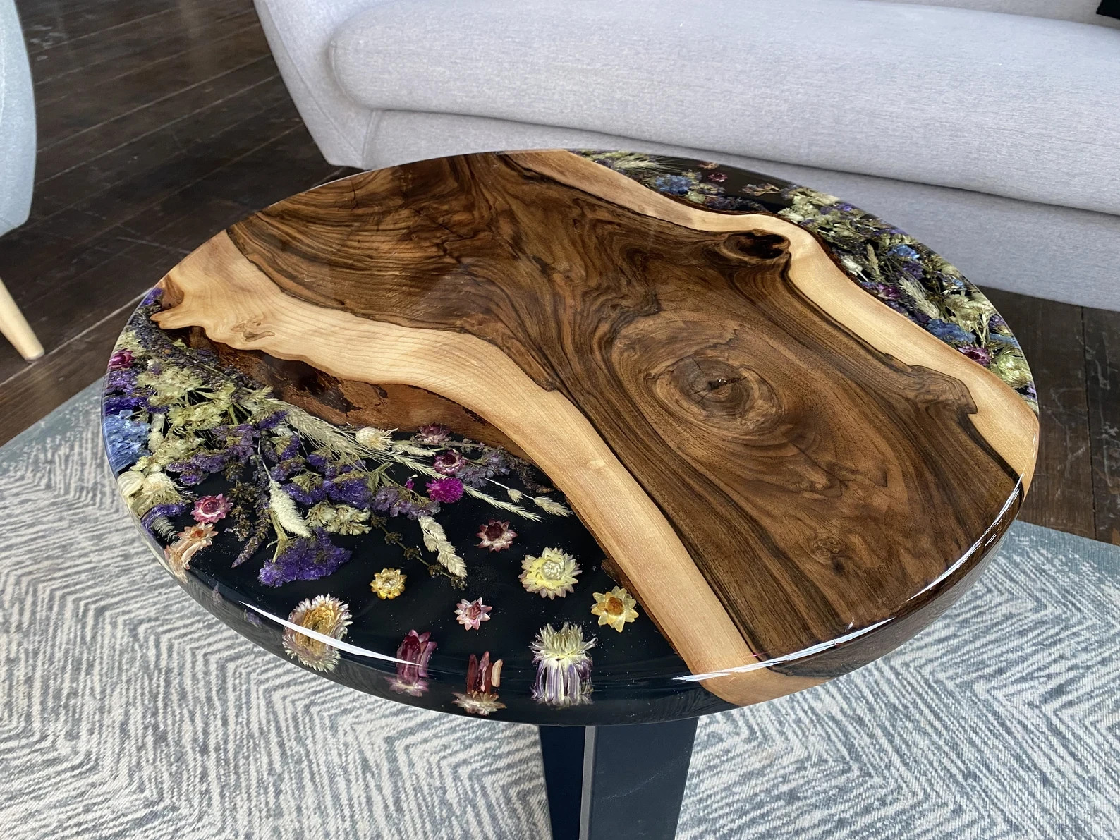 Modern Blue Live Edge Round Coffee Table – Handmade Epoxy & Wood Table