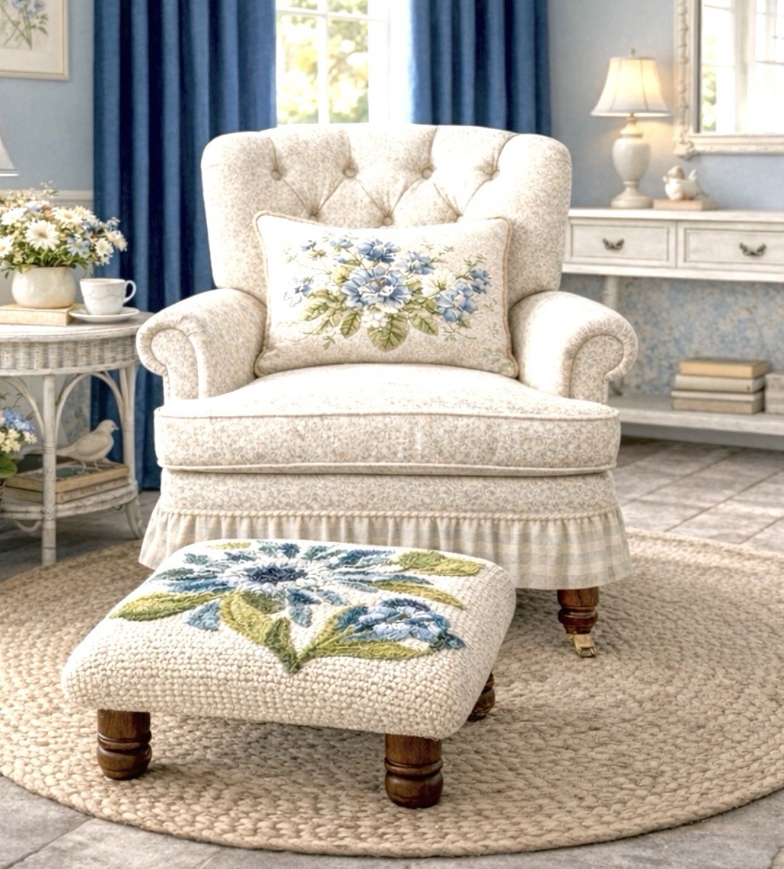 ⚜️New Handmade Botanical Floral Embroidered Footstool Wooden Upholstery 16”