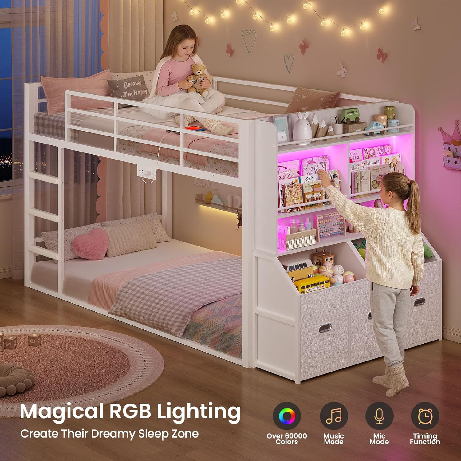 ADORNEVE Low Bunk Bed Twin Size with Bookshelf, Toy Organizer & Storage Drawers,