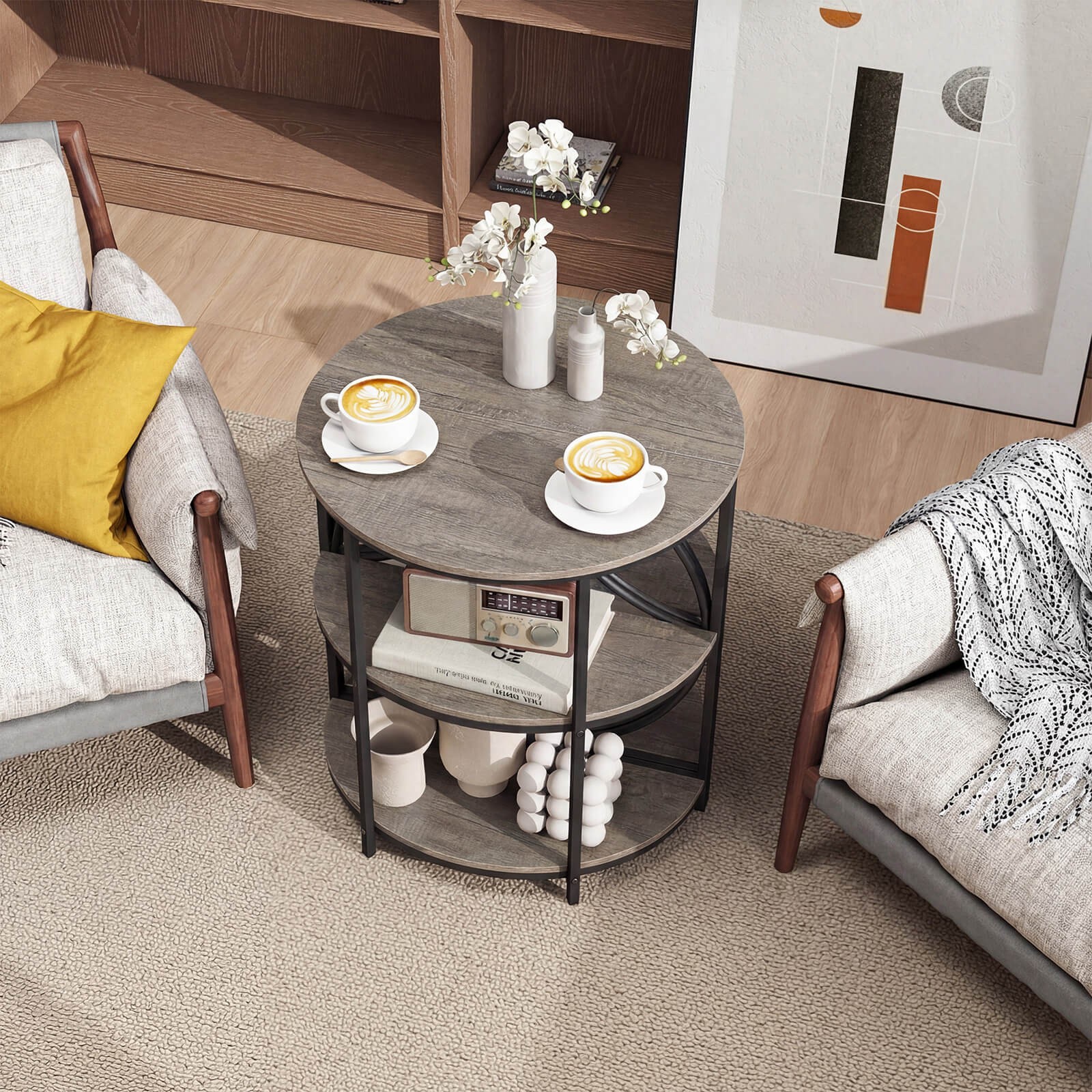 3-Tier Half Round End Table Set of 2 w/Study Metal Frame, Storage Shelves