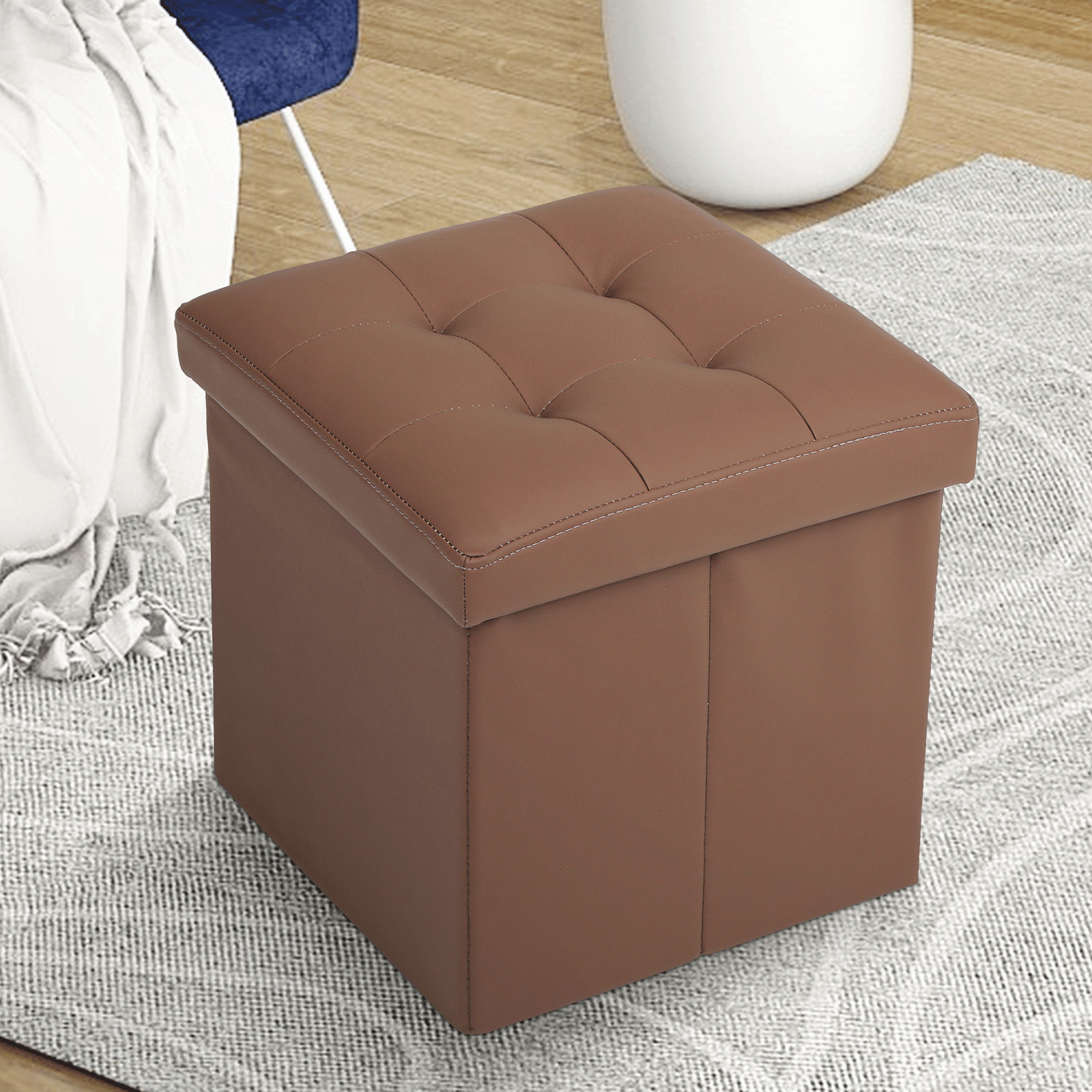 Faux Leather Brown Classic Cube Storage Ottoman Home Living Room Bench Footstool