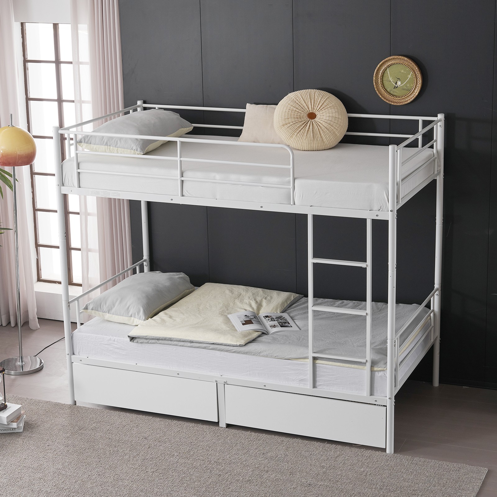 Twin Over Twin Convertible Bunk Bed with 2 Storage Drawers, Metal Bunk Bed White
