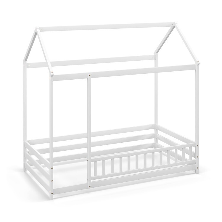 Twin Size Kids House Shaped Bed Wooden Floor Bed w/ Full-length Safety Guardrail
