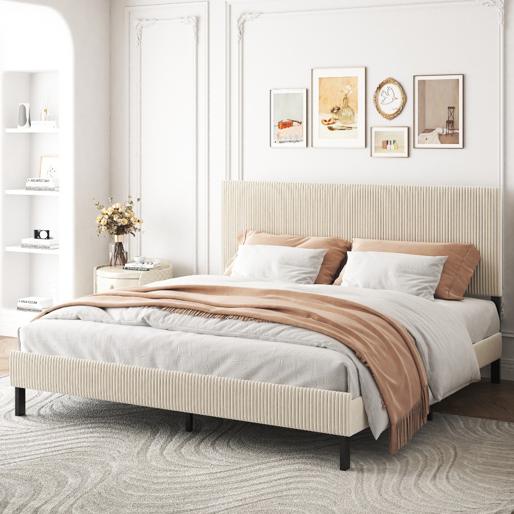 King bed frame with a bandaged headboard is stable and easy to assemble
