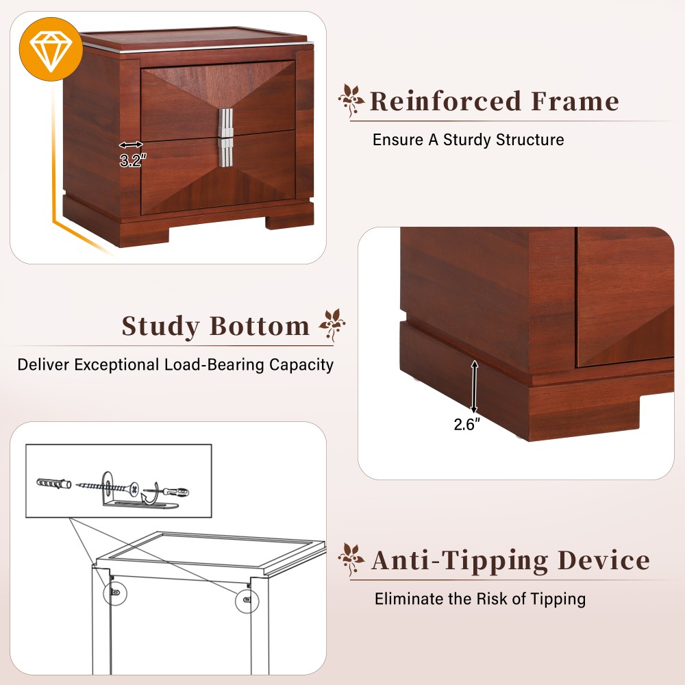 Diamond Shaped Nightstand, 24″ Wide Side Table with 2 Large Storage Drawers