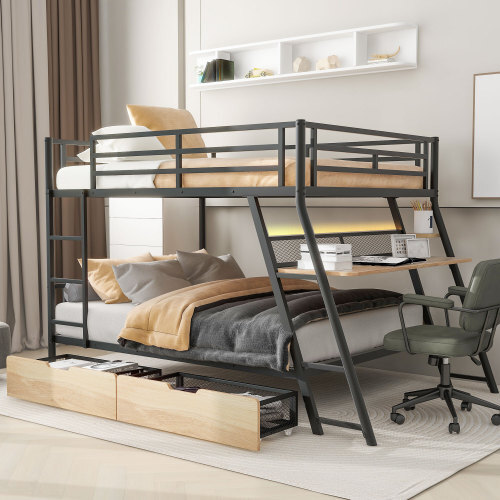 Full Size Metal Bunk Bed Frames with Built-in Desk LED Light and Storage Drawers