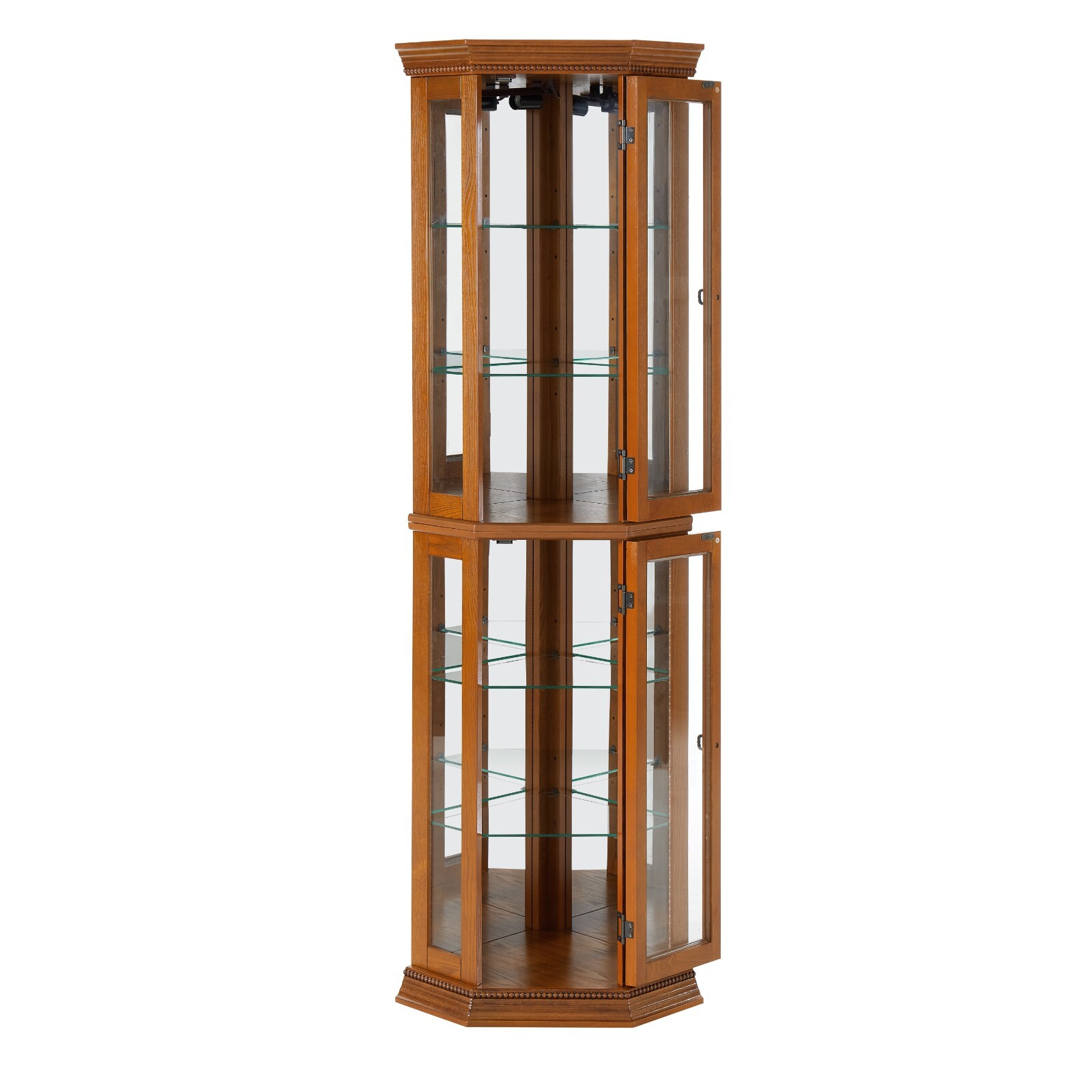 70 Inch Corner Display Cabinet w/ lights, Tempered Glass, Mirrored Back, Oak