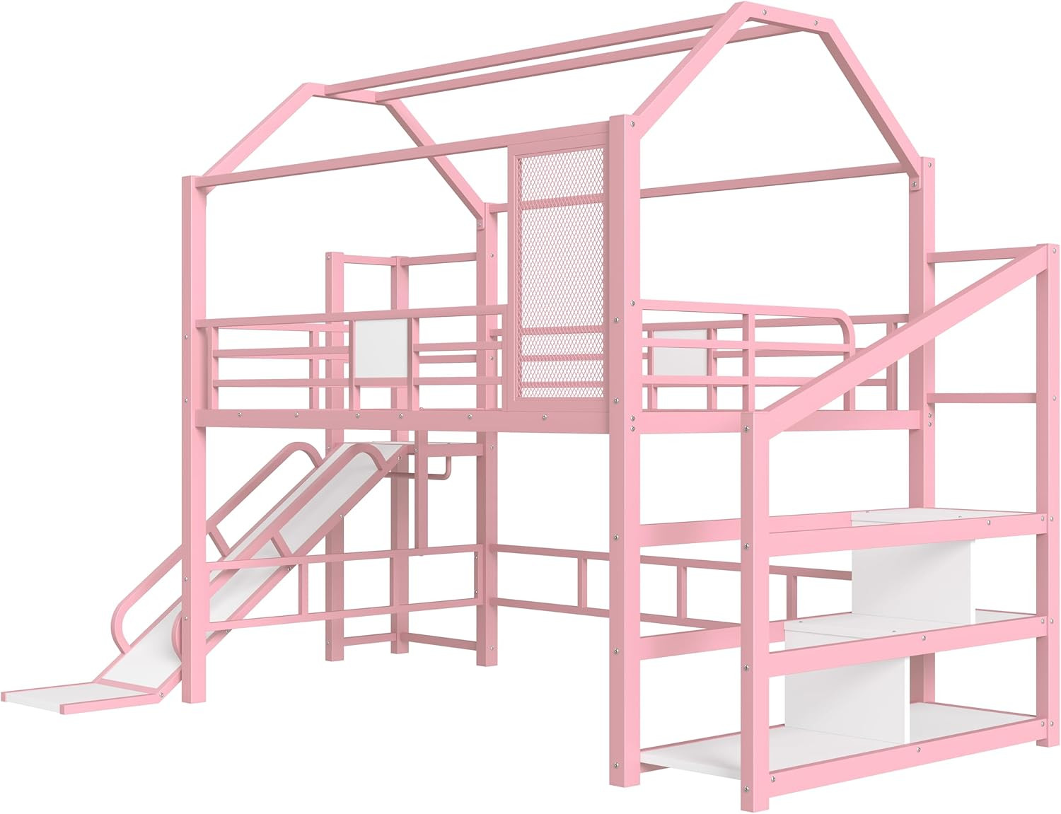 Pink Full Over Full Metal Bunk Bed with Slide and Stairs for Kids