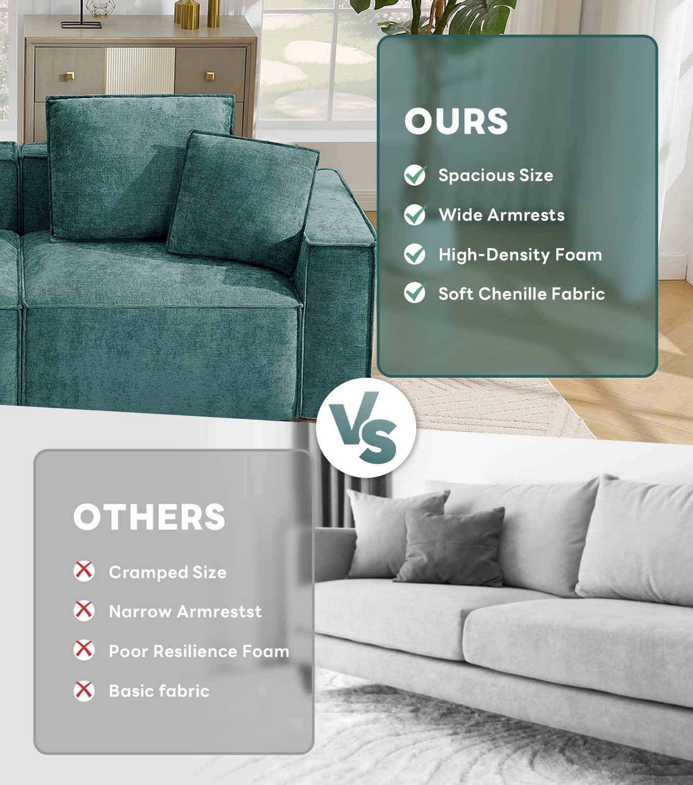 78in Green Chenille Cloud Modular Sectional Sofa Wide Armrests 4Pillows