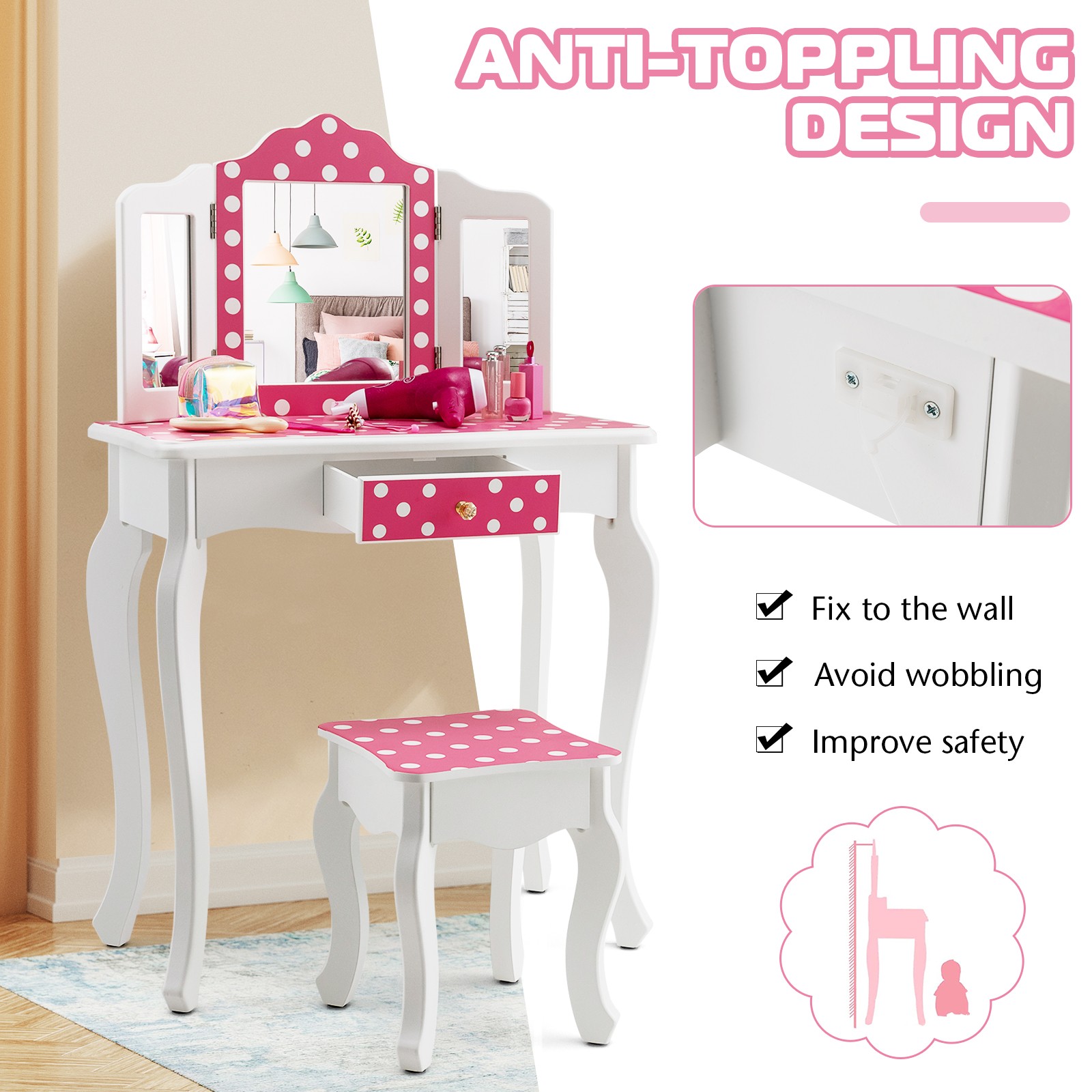 Kids Dressing Table Stool Set Vanity Set w/Polka Dot Print Table & Chair Pink