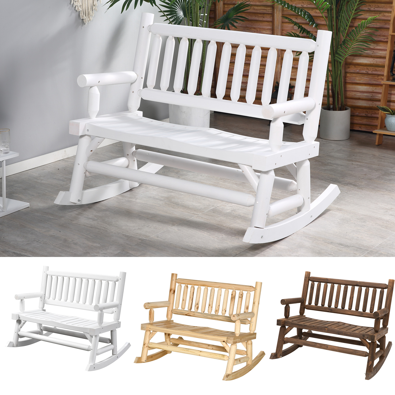 2-Person Patio Rocking Chair Wooden Log Loveseat Rocker Backyard Garden