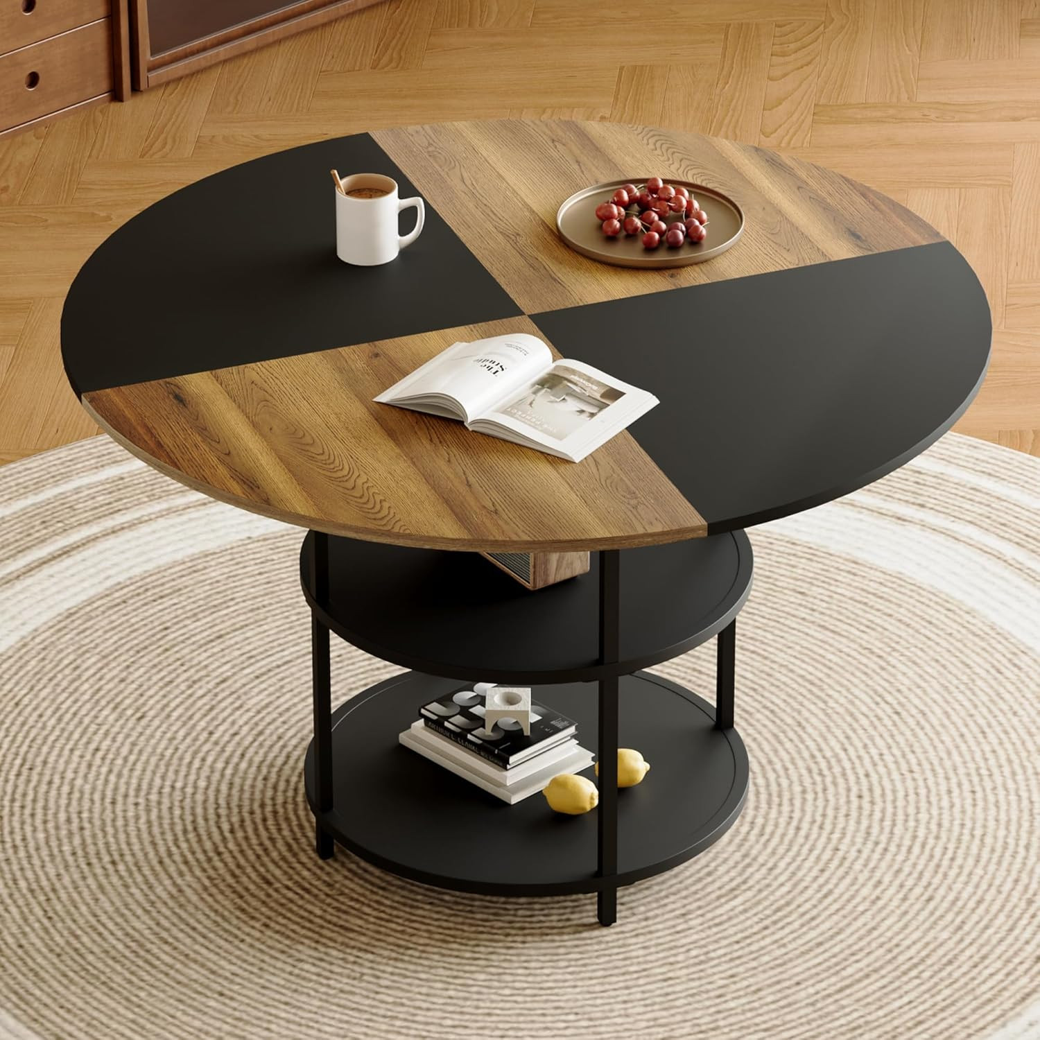 Stylish 47.3″ Round Dining Table with 2-Layer Storage, Black & Natural Finish