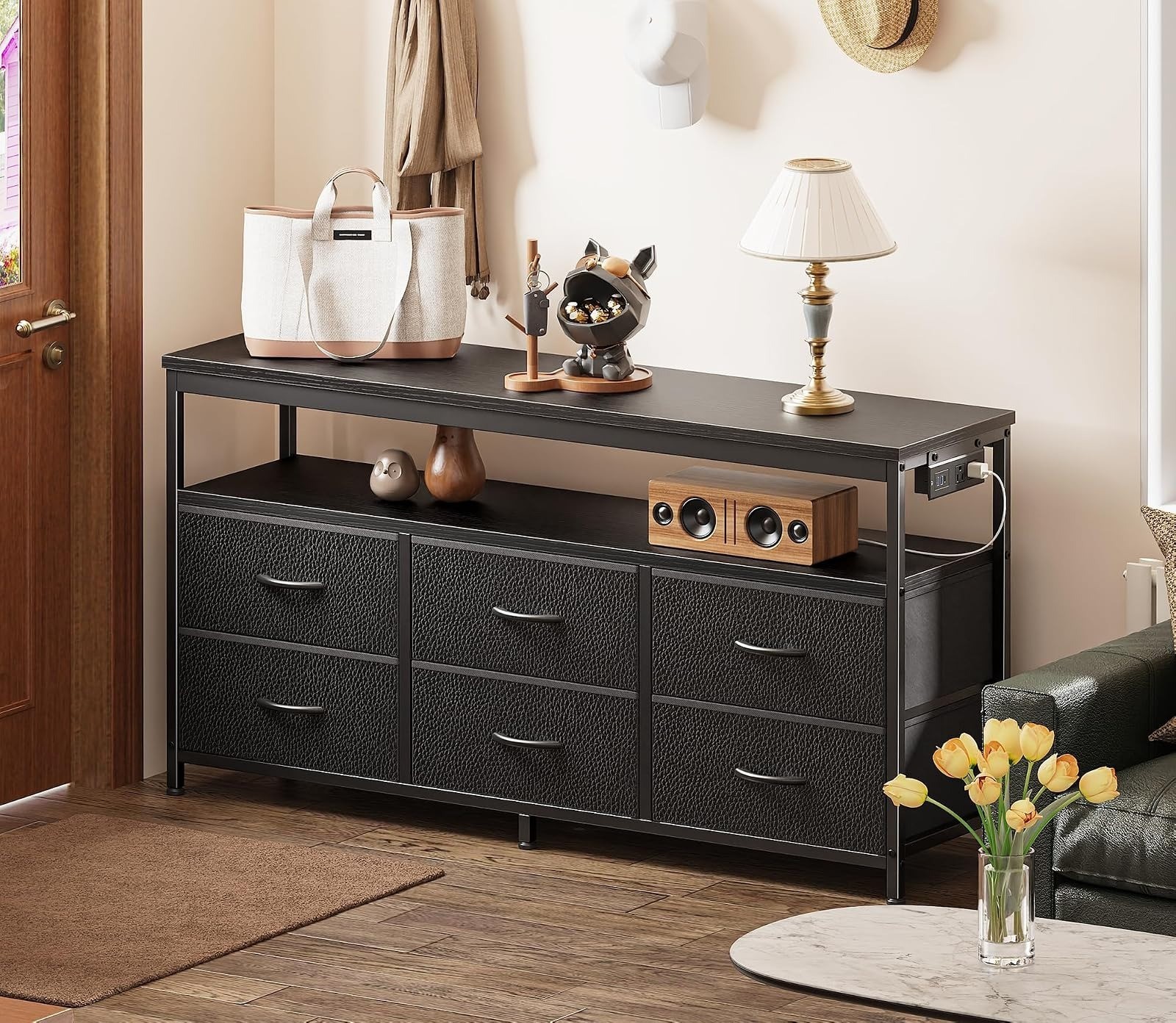 Huuger LED TV Stand for 43-55 Inch TV, 6 Drawer Storage, Black