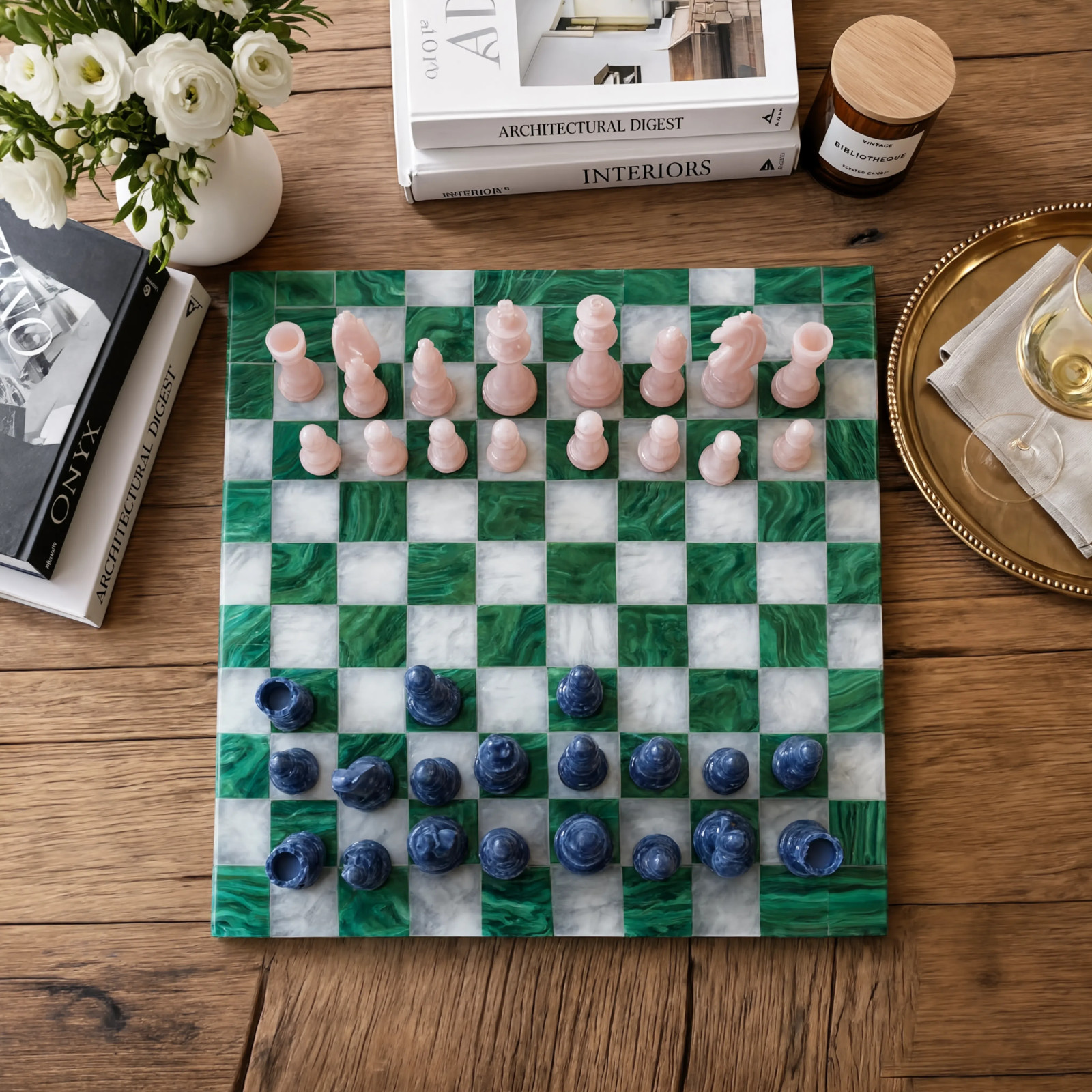 Luxury Green Onyx Chess Set with Pink & Blue Onyx Pieces – Handmade Natural Deco