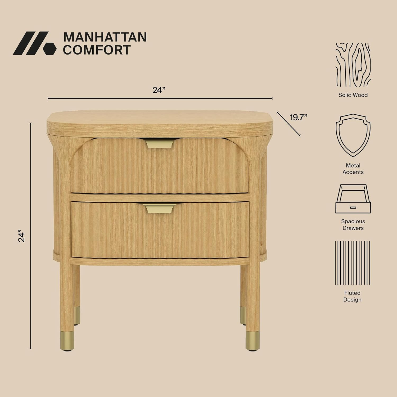 Modern 24″ Nightstand with Soft-Close Drawers and Elegant Fluted Design