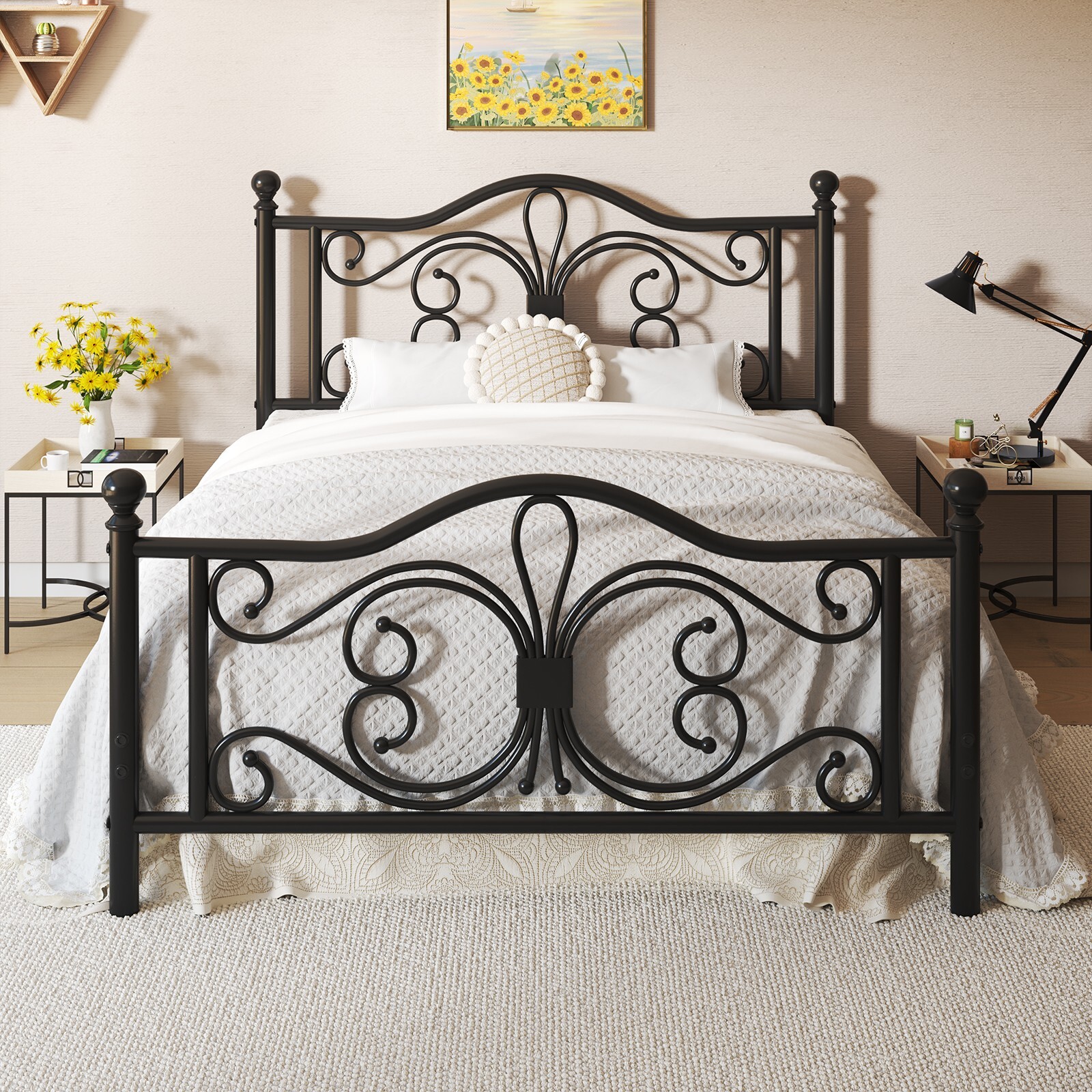 Queen/Twin/Full Metal Platform Bed Frame with White Headboard & Footboard