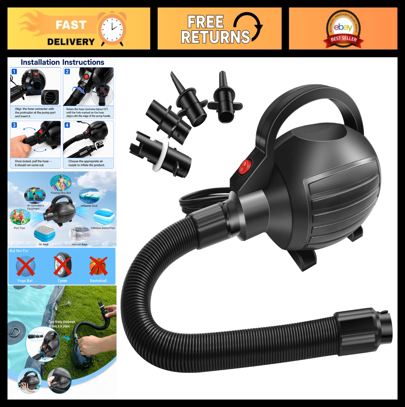600W Electric Air Pump for Inflatable Gym Mat, Quick Fill/Deflate, 4 Nozzles, Po