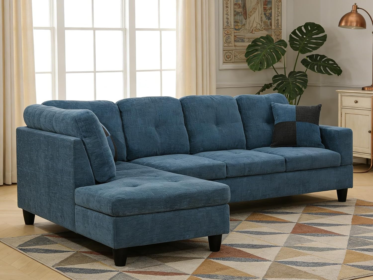 Modern 103.5″ L-Shaped Dark Blue Sectional Sofa with Chaise & Accent Pillows