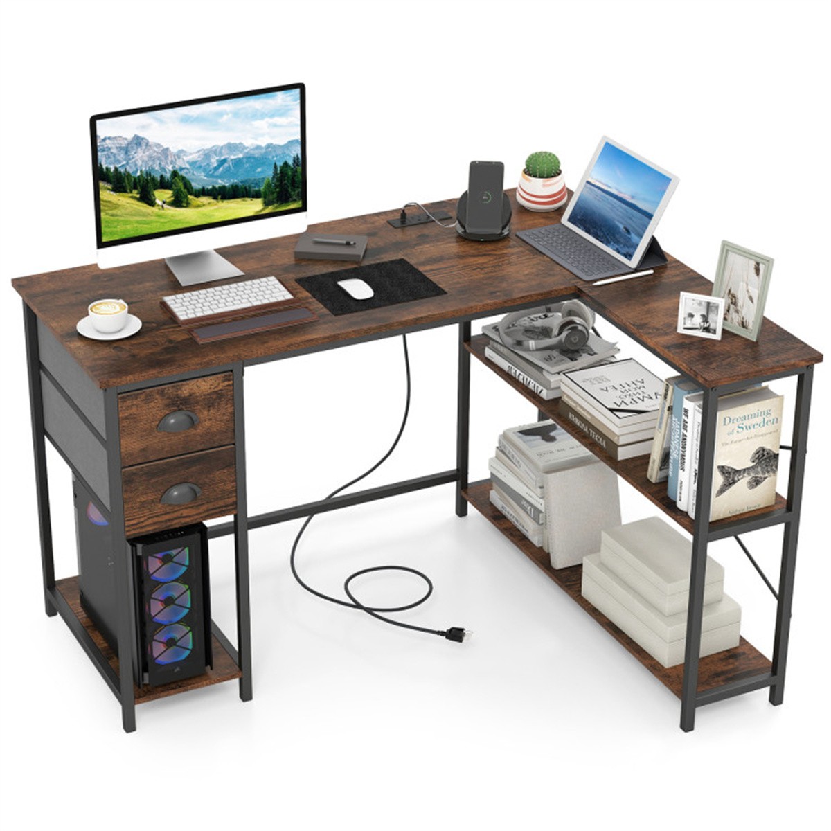 L Shape Computer Desk with Built-in Power Outlet USB and Type-C Charging Port