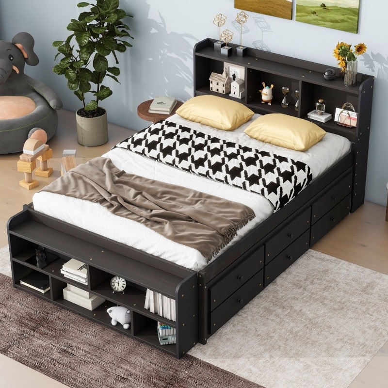 Full Size Wood Storage Bed w/Bookcase,6 Drawers & Bed End Storage Case Espresso