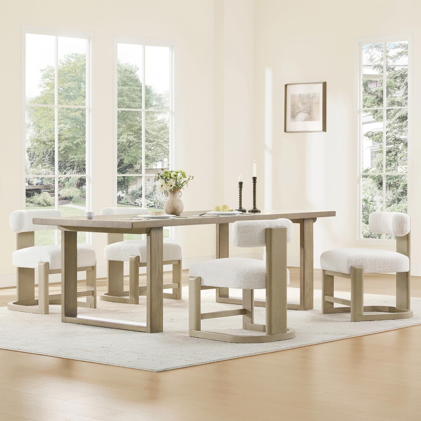Upholstered Dining Chairs Set of 4 Mid Century Modern Pearl White Gray Wood