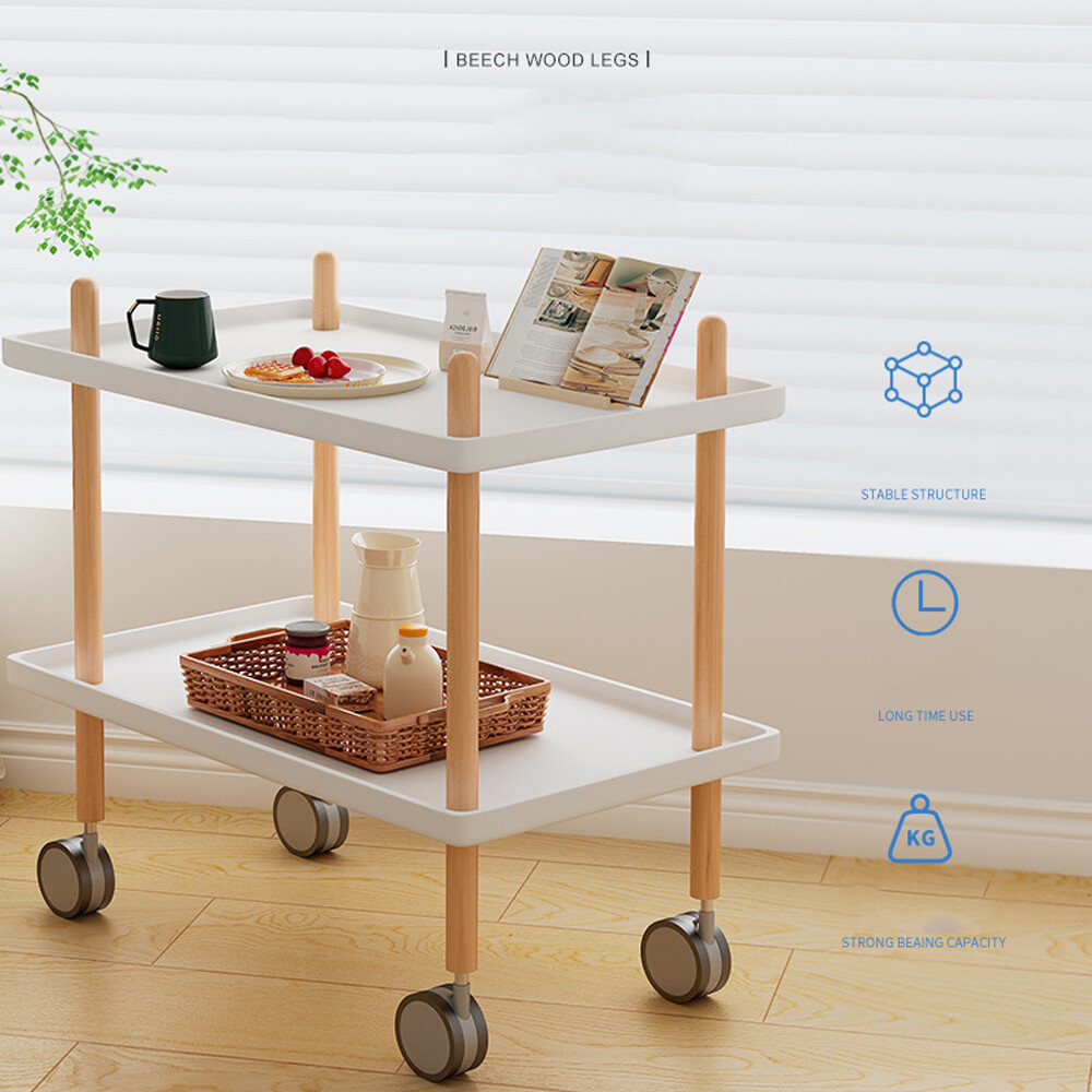 2 Layer End Table Trolley Side Table Nightstand w/4 Shelves & Wheels for Kitchen